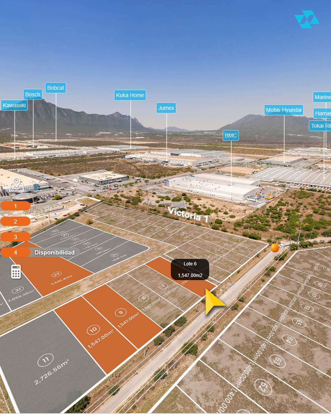 Screenshot del Tour Aéreo 360° de Oregon Industrial Park con lotes industriales interactivos